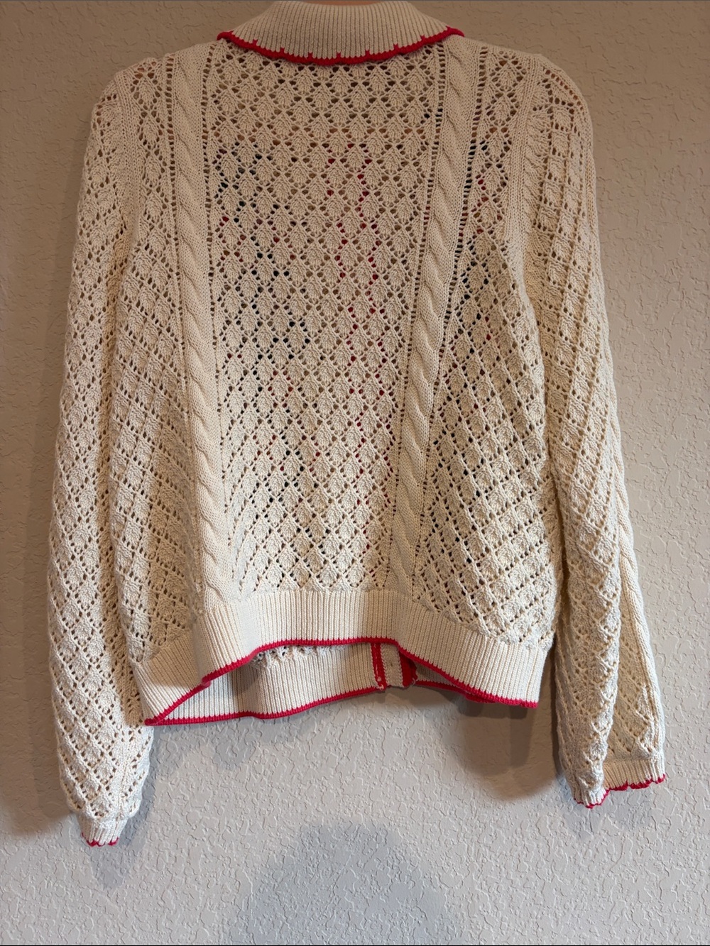 NWOT Boden Cream Openwork Floral-Embroidered Cardigan with Pink Trim - Picture 4 of 5